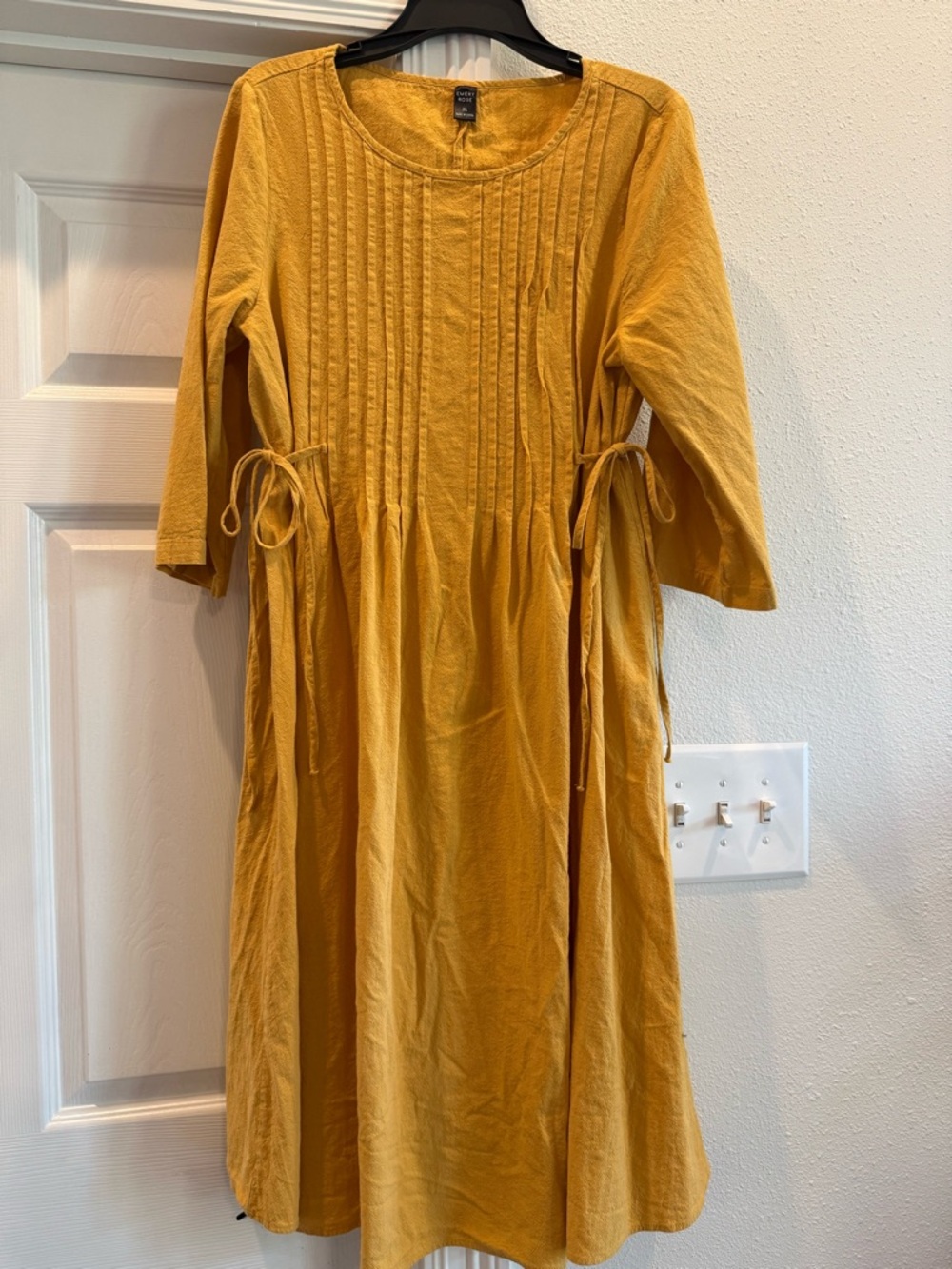 Women's Mustard Pintuck Tie-Waist Midi Dress